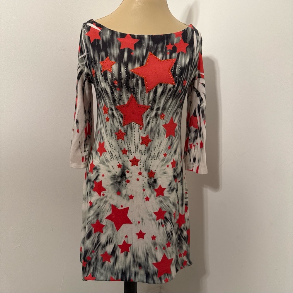 Red Star Print Tie-Dye Midi Dress